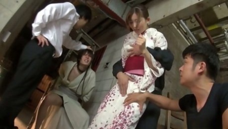 Several Asian dudes fuck yummy Japanese babe in kimono Natsume Inagawa