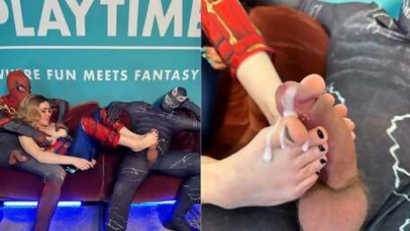 Captain Marvel Foot Fetish with Husband Watching (Spiderman) - Playtime Cosplay