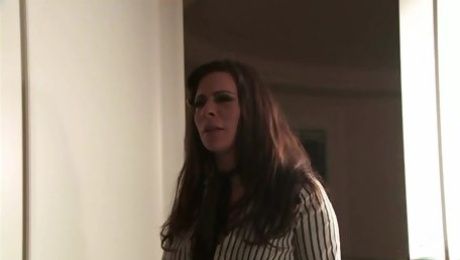 The brunette undercover reporter is quickly discovered and disciplined during the hardcore group sex session