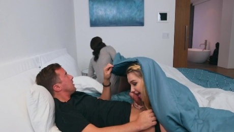 A guy fucks some hot floozy while his wife sleeps only few feet away